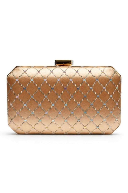 Luxurious gold clutch bag with a structured rectangular shape, embellished with tonal bead and stud diamond pattern for evening events.