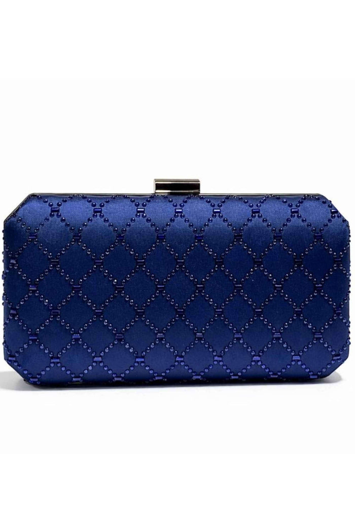 Navy blue box clutch with a structured rectangular shape, embellished with tonal bead and stud diamond pattern, perfect for evening events
