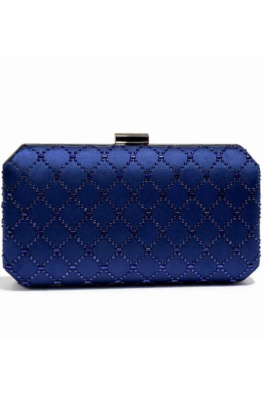 Navy blue box clutch with a structured rectangular shape, embellished with tonal bead and stud diamond pattern, perfect for evening events