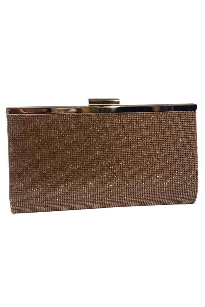 Rose gold clutch bag with a sparkling rhinestone surface, rectangular shape, metal frame, and clasp closure, perfect for evening events.