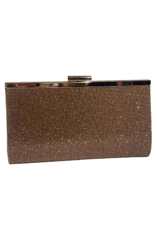 Rose gold clutch bag with a sparkling rhinestone surface, rectangular shape, metal frame, and clasp closure, perfect for evening events.