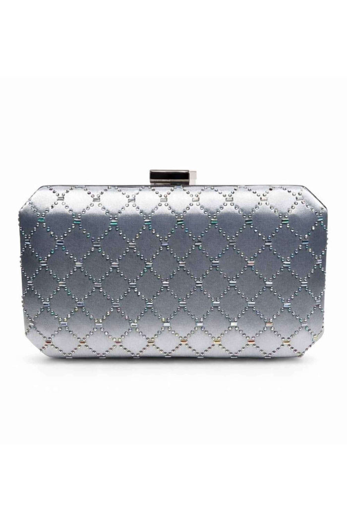 Silver box clutch with diamond pattern made of tonal bead and stud embellishments, structured rectangular shape, perfect for evening occasions