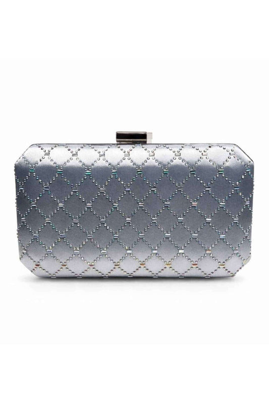 Silver box clutch with diamond pattern made of tonal bead and stud embellishments, structured rectangular shape, perfect for evening occasions