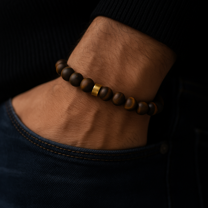 Matte Tiger Eye Bead Bracelet with Gold Plated Spacer on Wrist