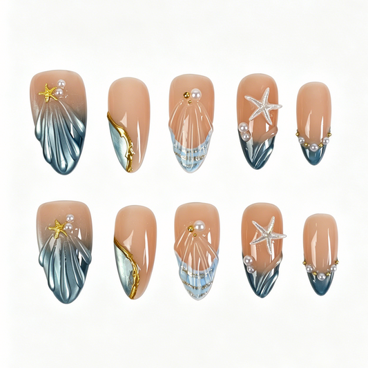 Handmade Mermaid Tide Medium Almond Press On Nails Metallic Teal Seashell Starfish Set