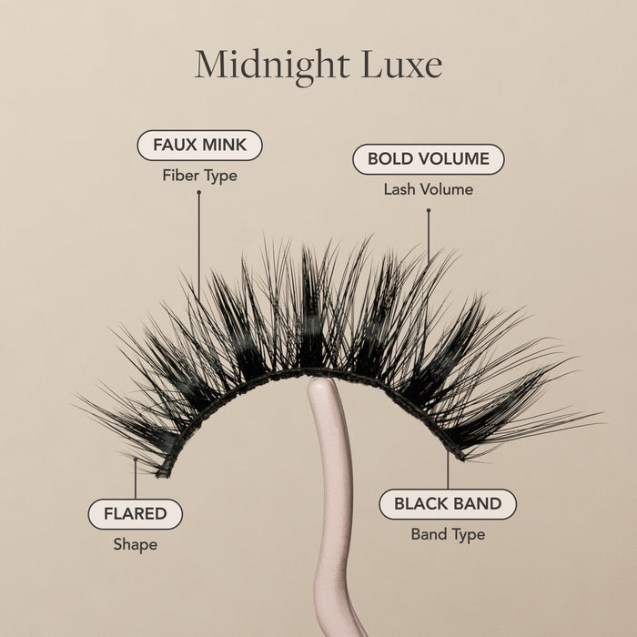 Midnight Luxe false eyelash with faux mink fibers, bold volume, flared shape, and a black lash band.