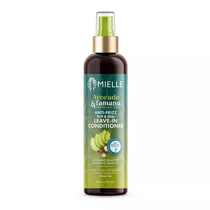MIELLE avocado and tamanu leave-in conditioner spray bottle with green anti frizz slip and seal label