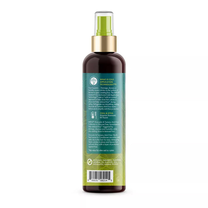 MIELLE avocado and tamanu leave-in conditioner brown spray bottle with green label gold pump and clear cap showing back label