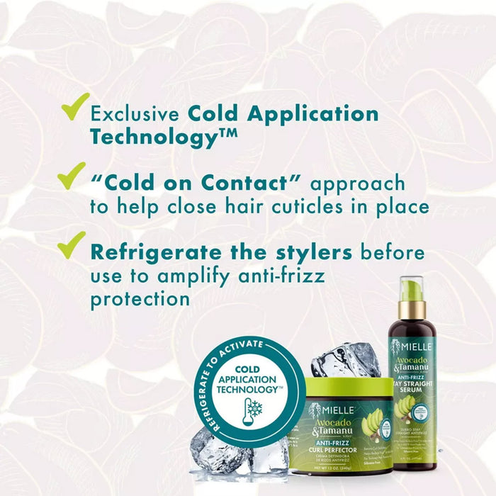 MIELLE avocado and tamanu leave-in conditioner and anti frizz serum shown with jar pump bottle and ice for cold application