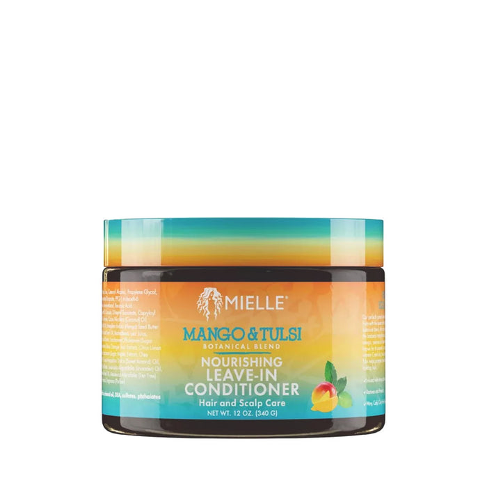 MIELLE mango and tulsi leave-in conditioner nourishing jar for hair and scalp care vibrant label