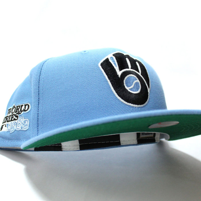 Milwaukee Brewers 1982 World Series New Era 59Fifty Fitted Hat (Sky Blue Black Glow in the Dark Logo Green Under Brim)