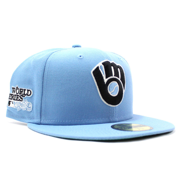 Milwaukee Brewers 1982 World Series New Era 59Fifty Fitted Hat (Sky Blue Black Glow in the Dark Logo Green Under Brim)