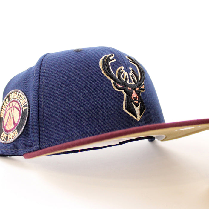Milwaukee Bucks NBA New Era 59Fifty Fitted Hat (Oceanside Blue Maroon Khaki Under Brim)