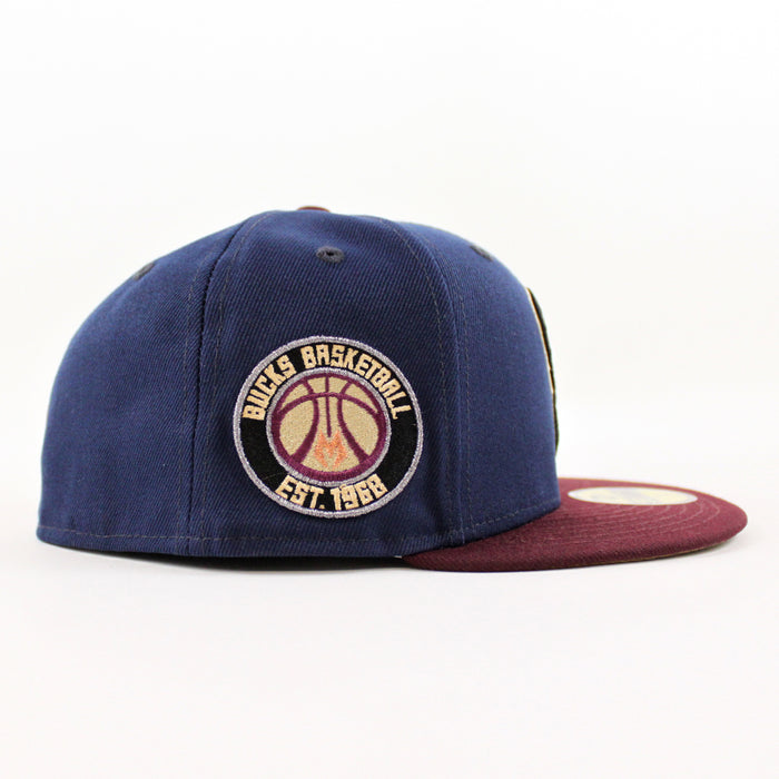 Milwaukee Bucks NBA New Era 59Fifty Fitted Hat (Oceanside Blue Maroon Khaki Under Brim)