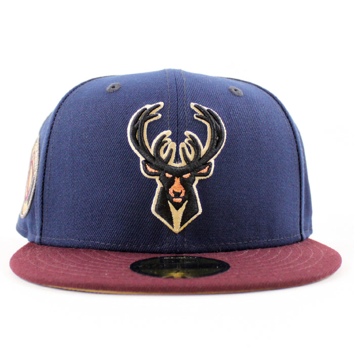 Milwaukee Bucks NBA New Era 59Fifty Fitted Hat (Oceanside Blue Maroon Khaki Under Brim)