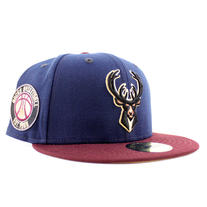Milwaukee Bucks NBA New Era 59Fifty Fitted Hat (Oceanside Blue Maroon Khaki Under Brim)