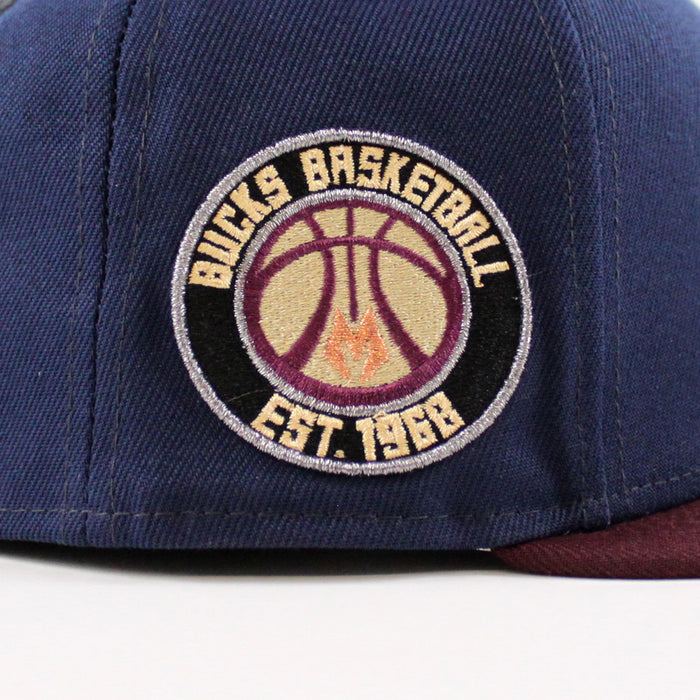 Milwaukee Bucks NBA New Era 59Fifty Fitted Hat (Oceanside Blue Maroon Khaki Under Brim)