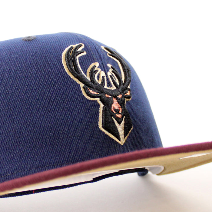 Milwaukee Bucks NBA New Era 59Fifty Fitted Hat (Oceanside Blue Maroon Khaki Under Brim)
