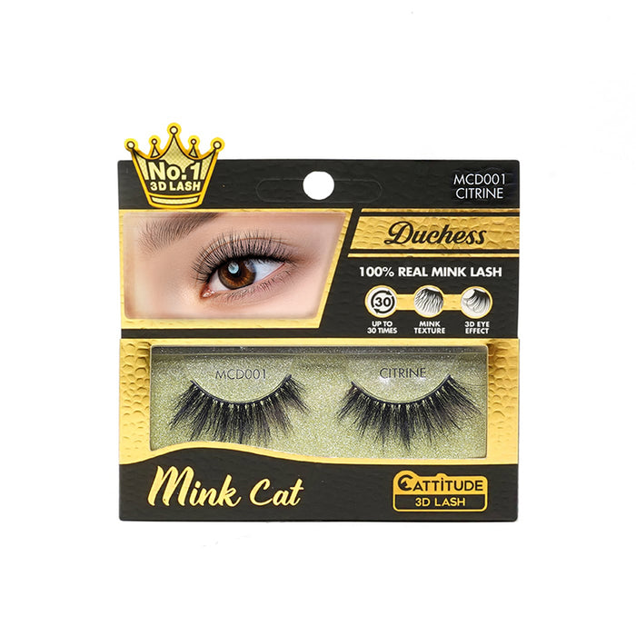EBIN Mink Cat Duchess Citrine false eyelashes box showing pair of 3D mink lashes for dramatic eyes.