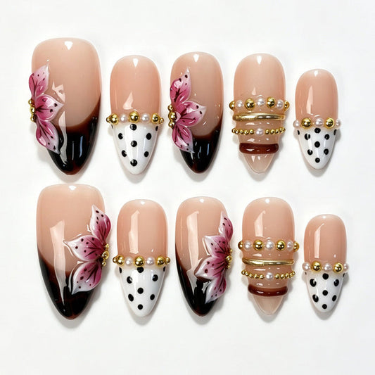 Medium almond press‑on nails, mocha‑brown gradient black polka dot pink butterfly pearl‑chain autumn fake nails