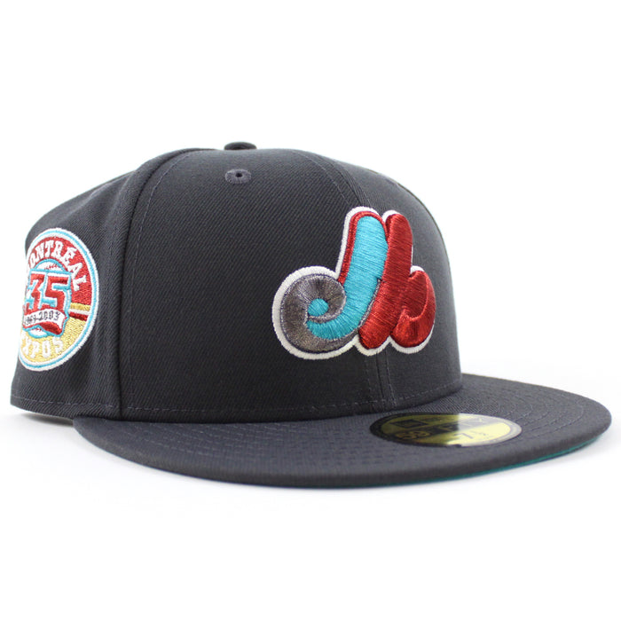 Montreal Expos 35th Anniversary New Era Fitted 59Fifty Hat (Dark Graphite Gray Aqua Under brim)