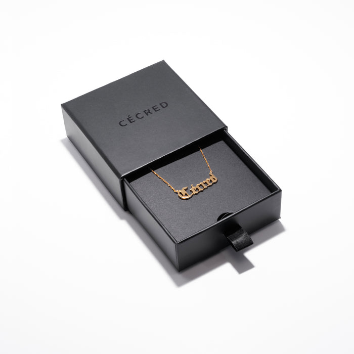 Cécred 14K Gold Nameplate Necklace in box opened