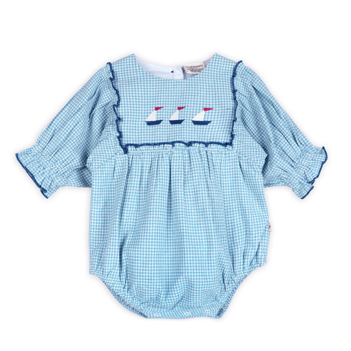 Nautical Embroidered Gingham Baby Romper Front (Organic)