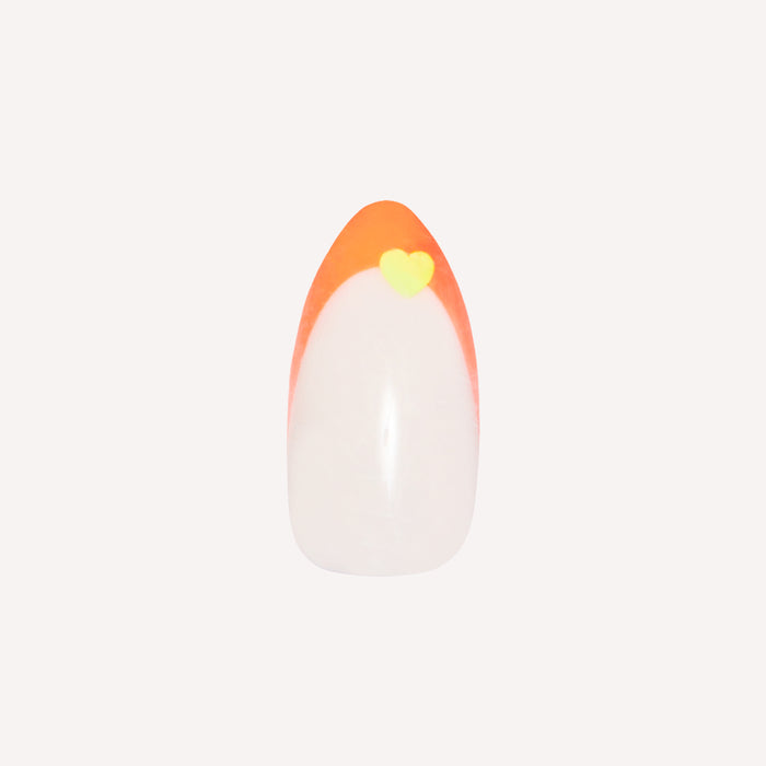 Neon Heart French | Almond | Medium press-on nail with neutral base, neon orange tips, and small yellow heart design