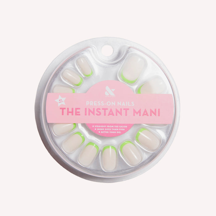 Neon Lime French | Squoval | Short press on nails with neutral base and bright neon lime tips for a fresh mani