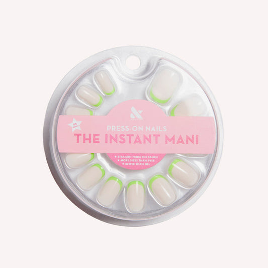 Neon Lime French | Squoval | Short press on nails with neutral base and bright neon lime tips for a fresh mani