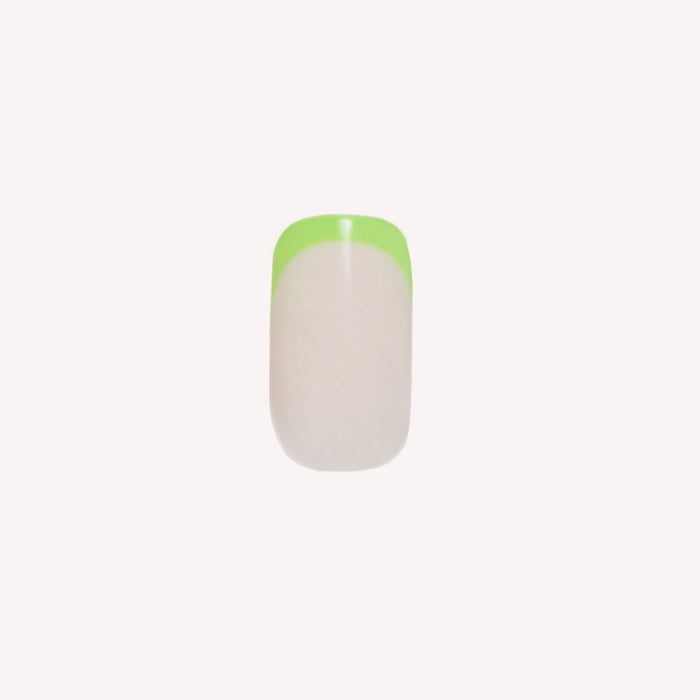 Neon Lime French | Squoval | Short press-on nail with neutral base and bright neon lime tip for a fresh at-home mani