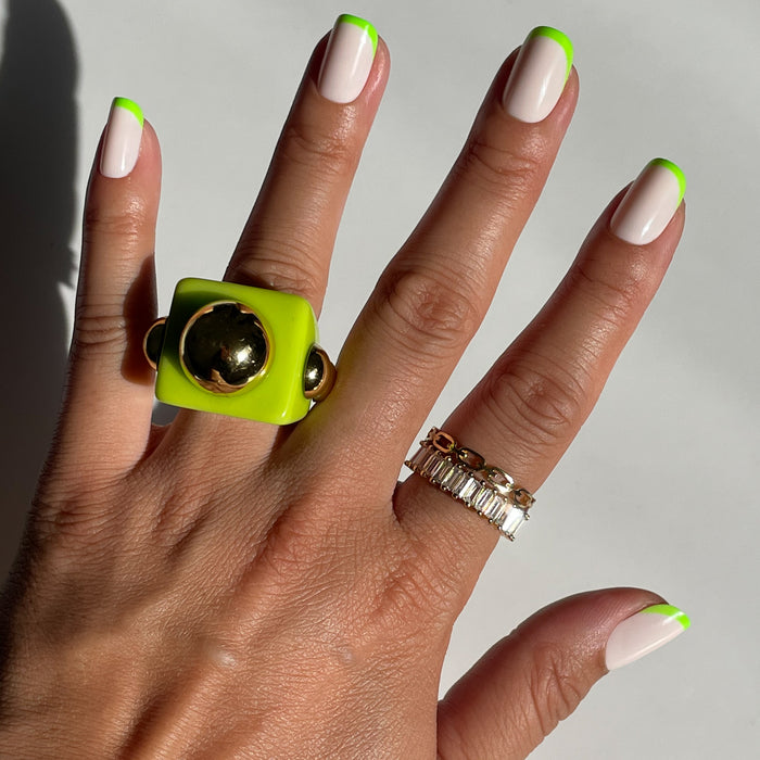Neon Lime French | Squoval | Short neutral base press-on nails with vibrant neon lime tips for a stylish at-home mani