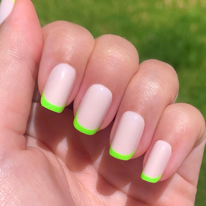 Neon Lime French | Squoval | Short neutral base with bright neon lime tips for a fresh at-home manicure look
