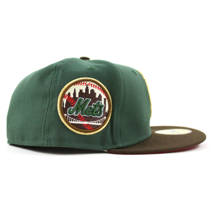 New York Mets Skyline inside Ball New Era 59Fifty Fitted Hat (MOUNTAIN PINE GREEN WALNUT PINOT RED Under Brim)