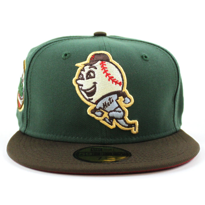 New York Mets Skyline inside Ball New Era 59Fifty Fitted Hat (MOUNTAIN PINE GREEN WALNUT PINOT RED Under Brim)