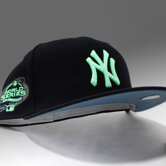 New York Yankees 2003 World Series New Era 59Fifty Fitted Hat (Glow in the Dark Navy Sky Blue Under Brim)