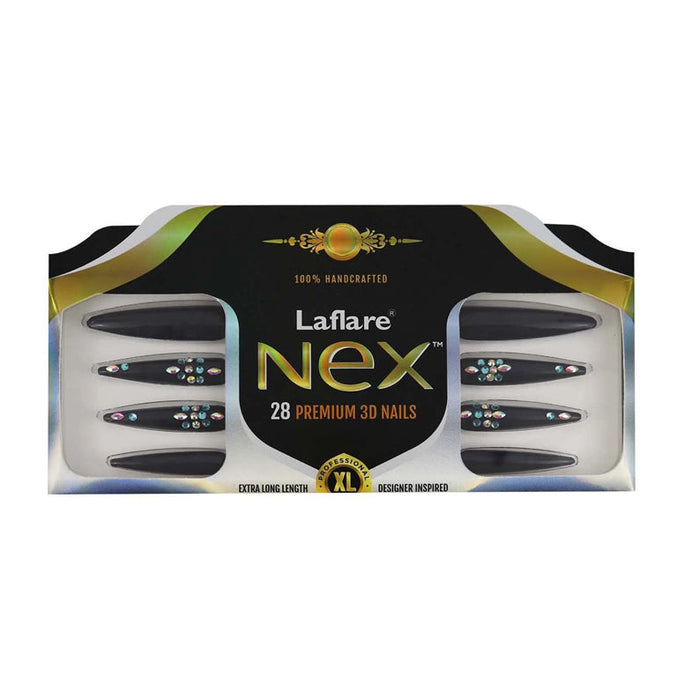 LAFLARE Nex 28 premium 3D black nail set with rhinestones extra long stiletto nail tips in XL