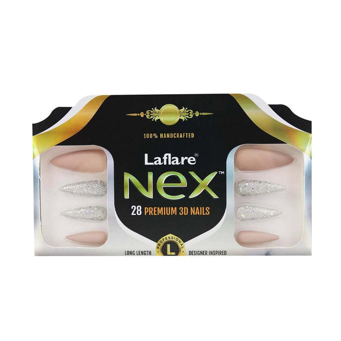 Laflare NEX 28 premium 3D long stiletto press on nails nude with silver glitter accent set
