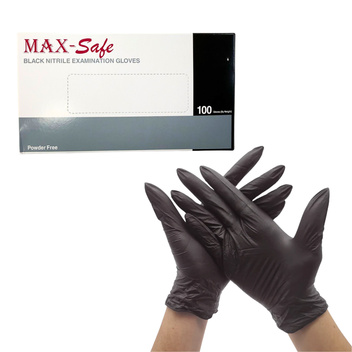 I005T Black Medium Nitrile Gloves 50 Pairs | Black nitrile examination gloves with Max-Safe packaging on a white background