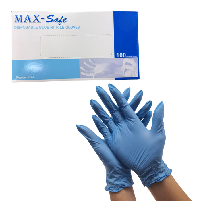 I005K Blue Small Nitrile Gloves 50 Pairs | Blue disposable nitrile gloves with MAX-Safe packaging on a white background