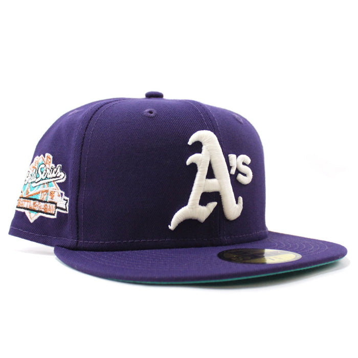 Oakland Athletics 1989 World Series New Era 59Fifty Fitted Hat (Glow in the Dark Purple Teal Under Brim)