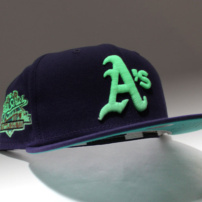 Oakland Athletics 1989 World Series New Era 59Fifty Fitted Hat (Glow in the Dark Purple Teal Under Brim)