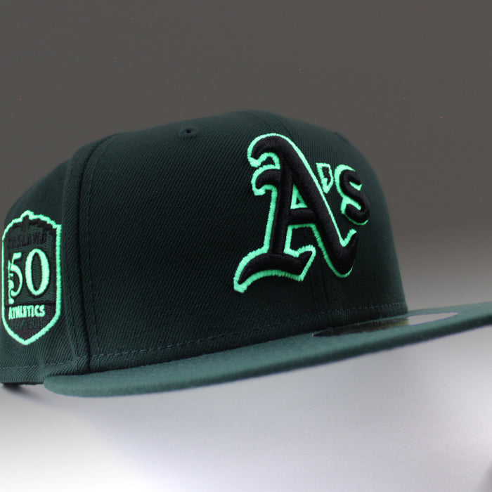 Oakland Athletics 50TH ANNIVERSARY New Era 59Fifty Fitted Hat (GITD Green Gray Under Brim)