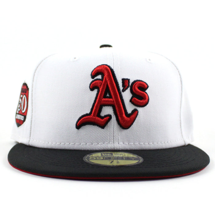 Oakland Athletics 50TH Anniversary New Era 59Fifty Fitted Hat (White Black Red Under Brim)