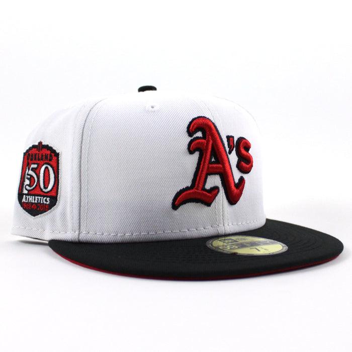 Oakland Athletics 50TH Anniversary New Era 59Fifty Fitted Hat (White Black Red Under Brim)