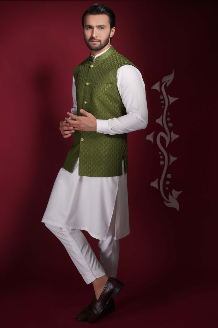 Olive Green Diamond Texture Waistcoat Kurta Set