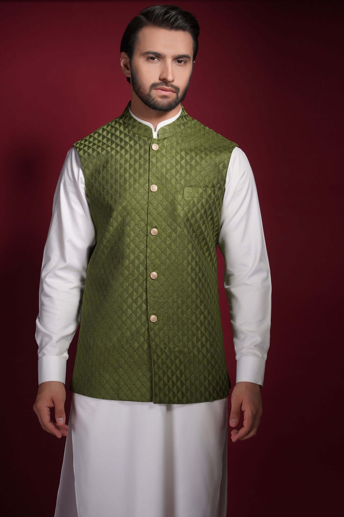 Olive Green Diamond Texture Waistcoat Kurta Set