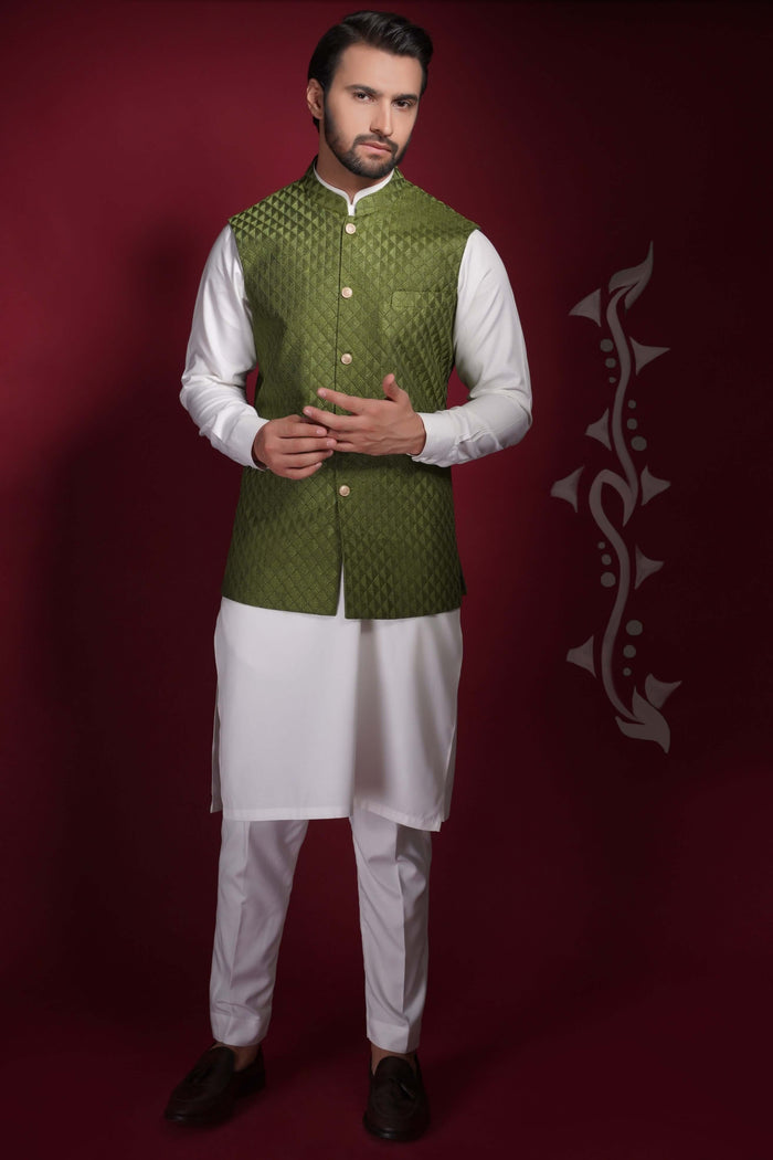 Olive Green Diamond Texture Waistcoat Kurta Set