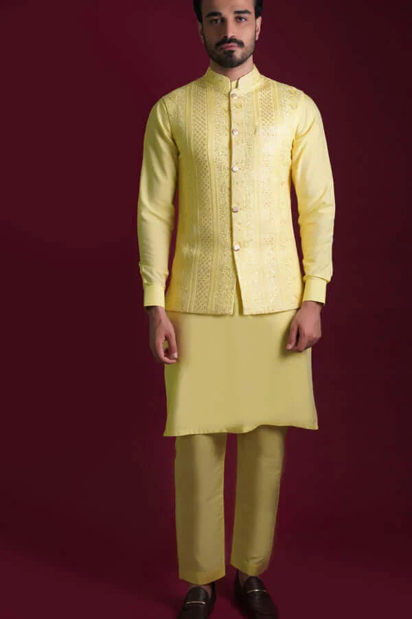 Pale Lemon Embroidered Waistcoat set