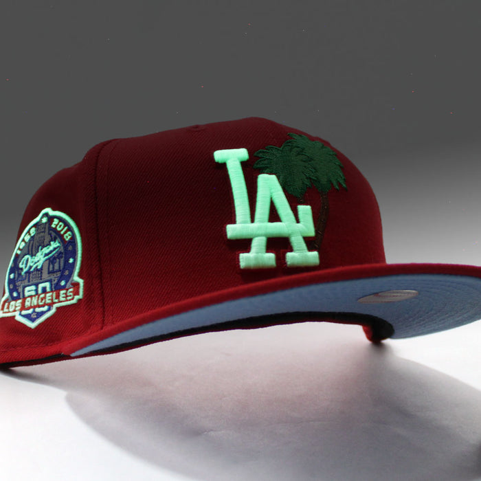 Palm Tree Los Angeles Dodgers 60th Anniversary New Era 59Fifty Fitted Hat (Glow in the Dark Red Sky Blue Under Brim)